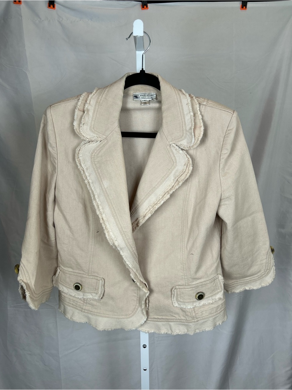 St. John Sport by Marie Gray tan blazer with 3/4 sleeves and fringe detailing.